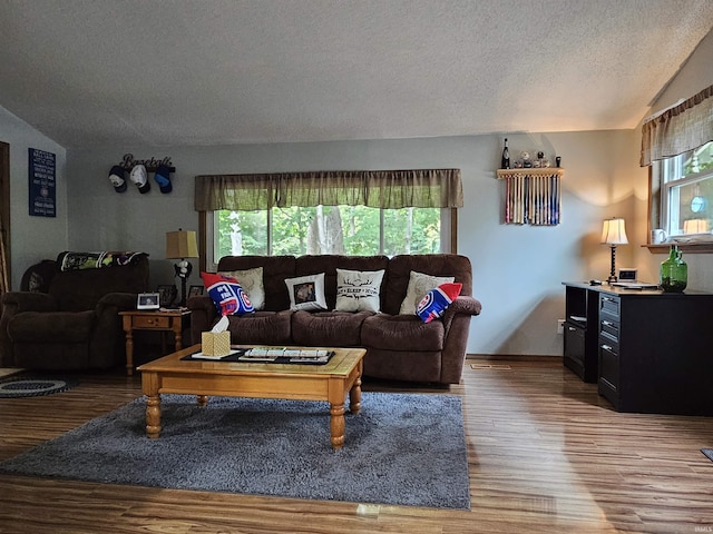 living room with wood-type flooring, lofted ceiling, and a textured ceiling