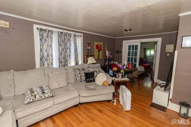 living room featuring light wood-type flooring and ornamental molding