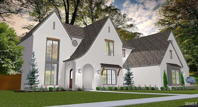 view of front of property featuring a front lawn, roof with shingles, and brick siding