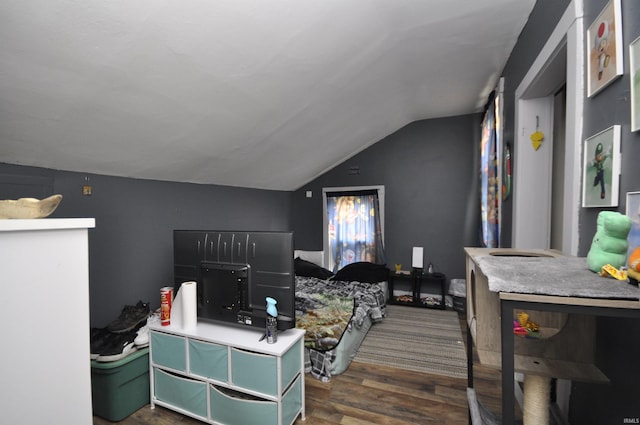 bedroom featuring lofted ceiling and dark hardwood / wood-style floors