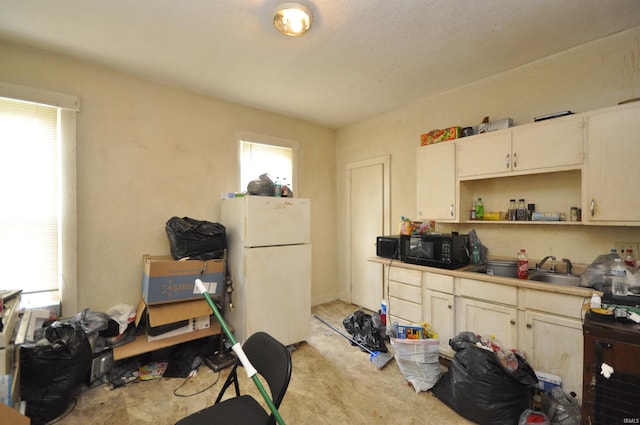 kitchen with sink, a wealth of natural light, and white fridge