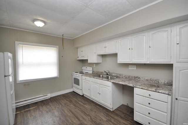 kitchen featuring sink, baseboard heating, dark hardwood / wood-style floors, white appliances, and white cabinets