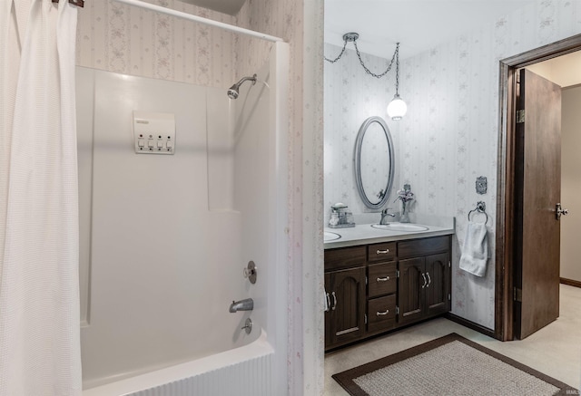 bathroom featuring vanity and shower / bath combo with shower curtain