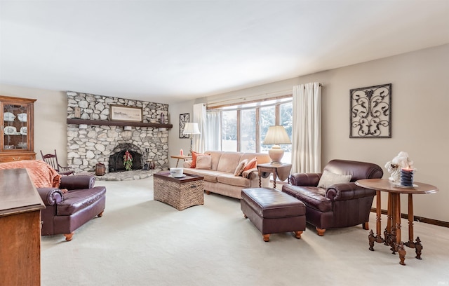 carpeted living room with a fireplace