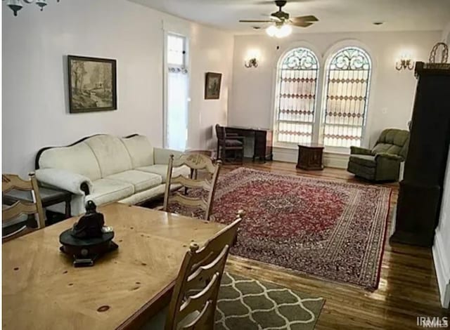 living room with dark hardwood / wood-style floors and ceiling fan