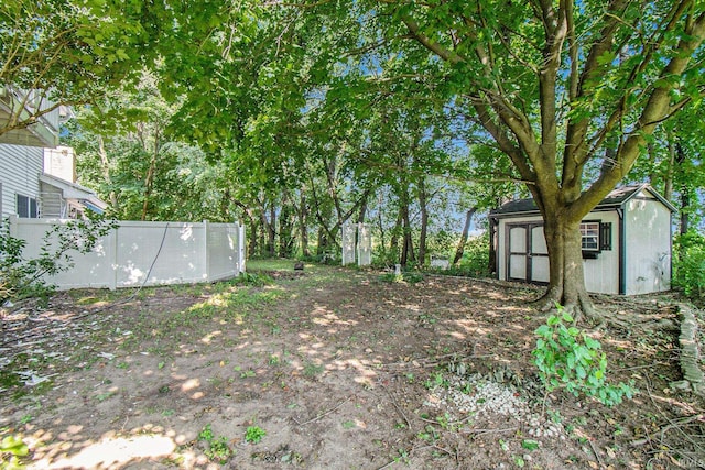 view of yard featuring a storage shed