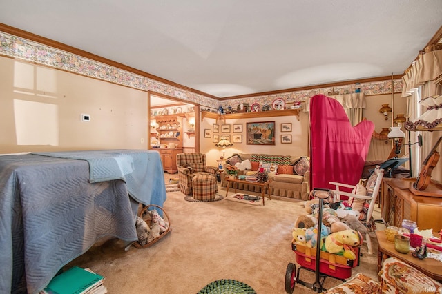 interior space with crown molding and carpet floors