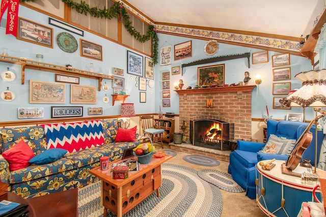 carpeted living room featuring a fireplace and vaulted ceiling