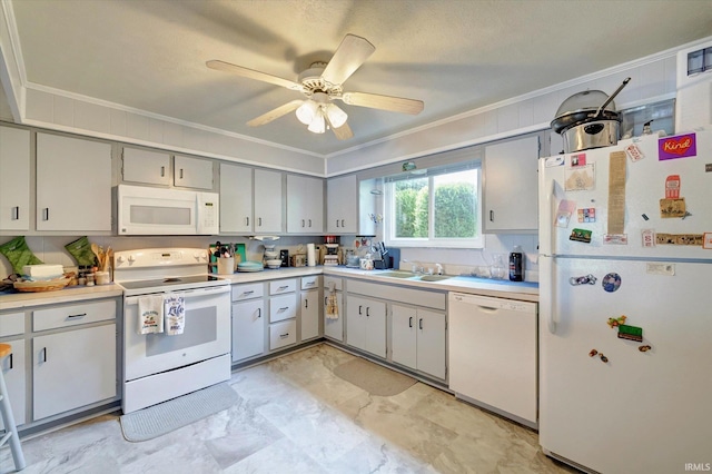 kitchen with crown molding, sink, ceiling fan, and white appliances