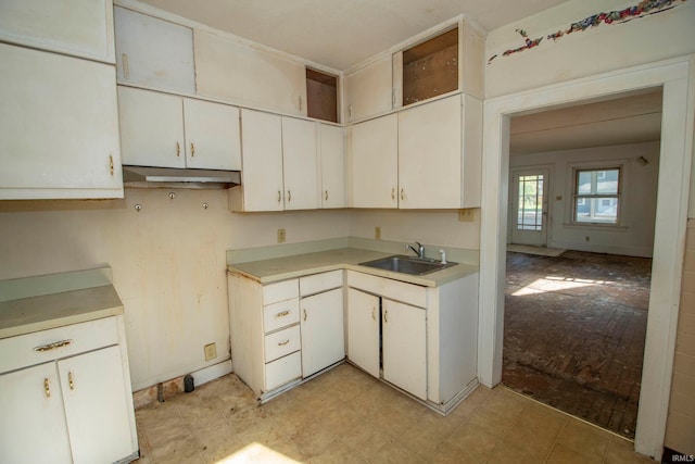 kitchen with white cabinetry, sink, and light wood-type flooring