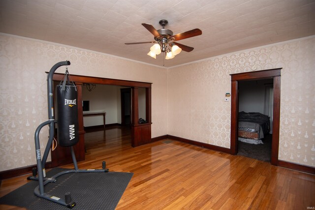 exercise room featuring ceiling fan, wood-type flooring, and ornamental molding