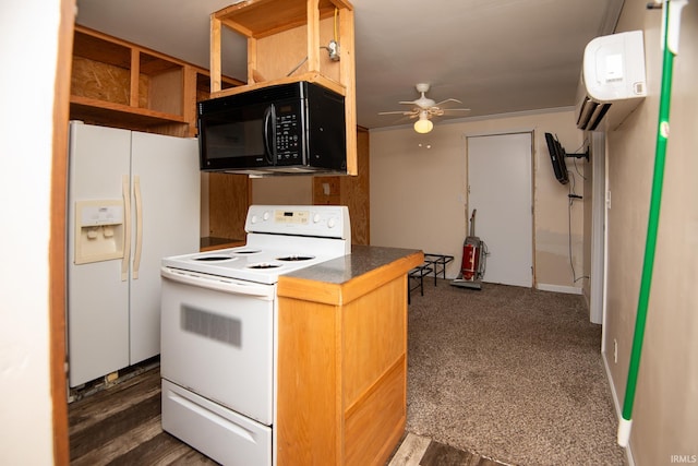 kitchen with ceiling fan, a wall unit AC, dark colored carpet, ornamental molding, and white appliances