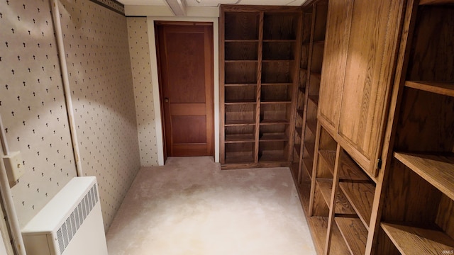 spacious closet featuring radiator and carpet