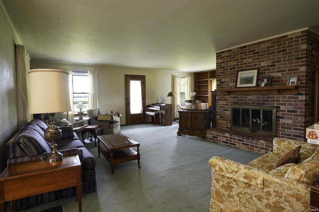 living room featuring carpet floors and a brick fireplace