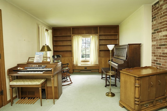 living area with carpet floors and ornamental molding