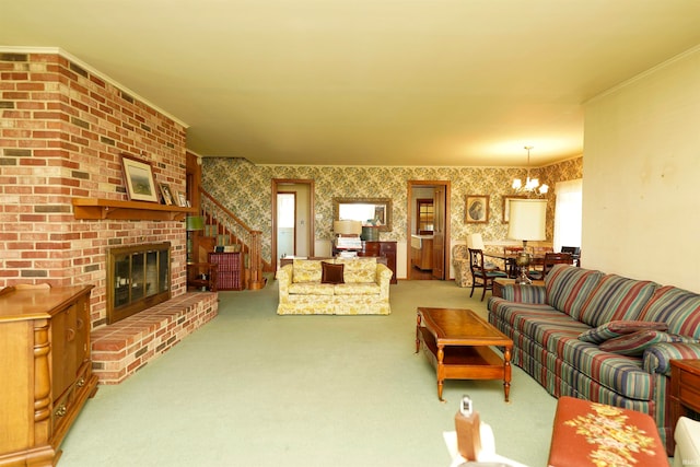 living room featuring carpet floors, a chandelier, and a brick fireplace