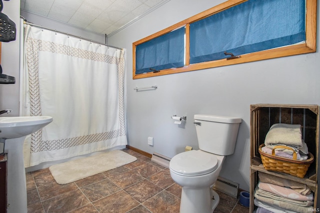 full bathroom with visible vents, toilet, a baseboard heating unit, stone finish flooring, and baseboards