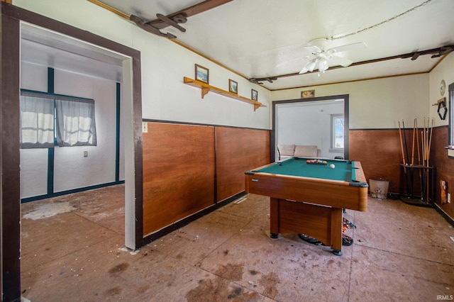 game room with a wainscoted wall and billiards