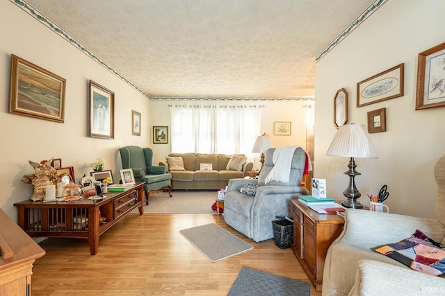 living room featuring light wood-type flooring and a textured ceiling