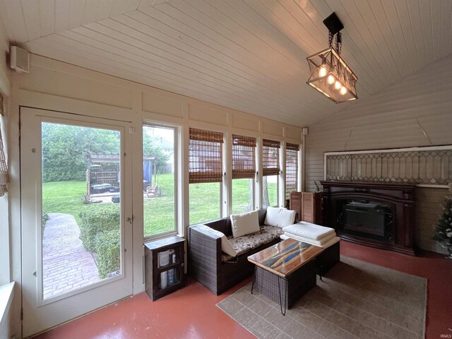 living room with wooden ceiling and lofted ceiling