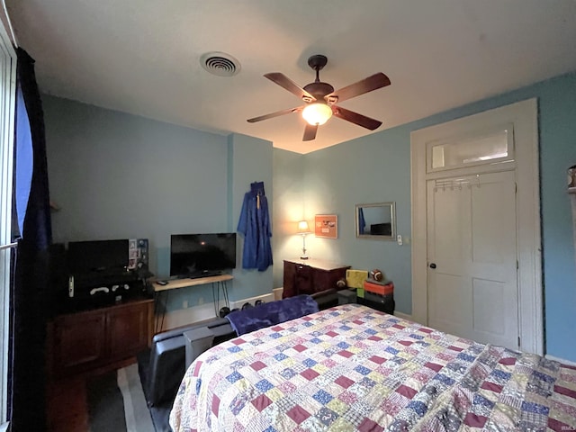 bedroom with ceiling fan and a closet