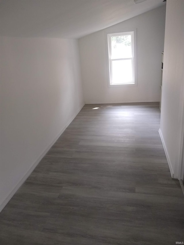 spare room featuring wood-type flooring and vaulted ceiling