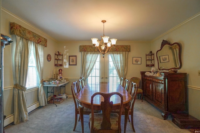 carpeted dining space featuring ornamental molding, a baseboard heating unit, a notable chandelier, and french doors