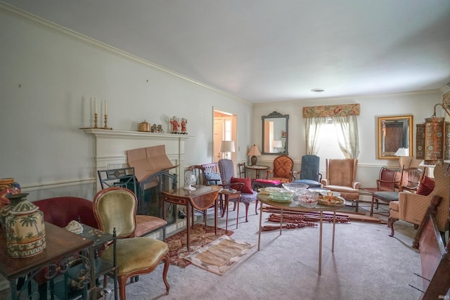 living room with carpet floors and crown molding