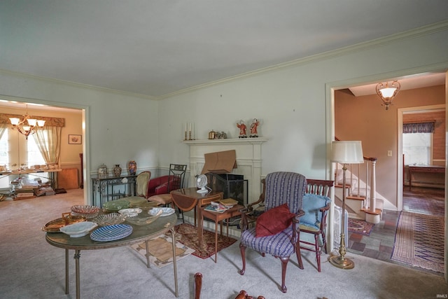 living room with carpet flooring, ornamental molding, and plenty of natural light