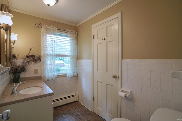 bathroom featuring tile walls, vanity, tile patterned flooring, toilet, and a baseboard heating unit