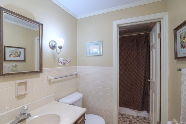 bathroom with walk in shower, vanity, crown molding, and toilet