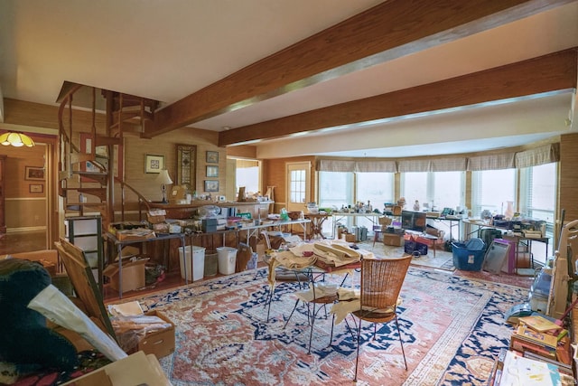 living room with beam ceiling