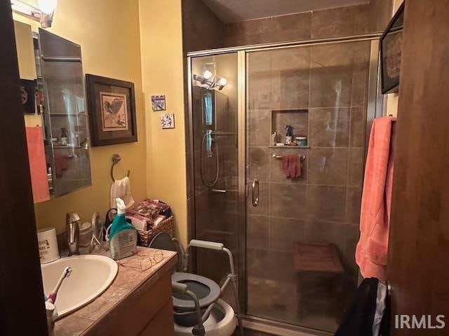 bathroom with vanity, toilet, and an enclosed shower