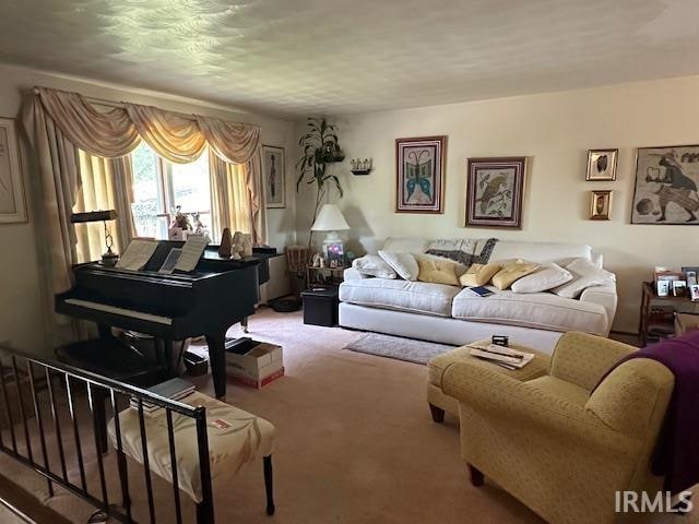 living room with carpet floors and a textured ceiling