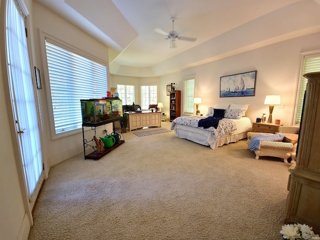 carpeted bedroom featuring a ceiling fan and a tray ceiling