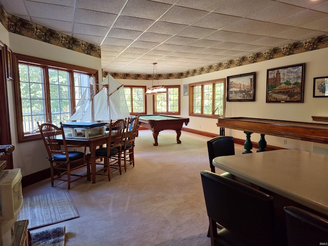 game room with a wealth of natural light, pool table, carpet flooring, and baseboards