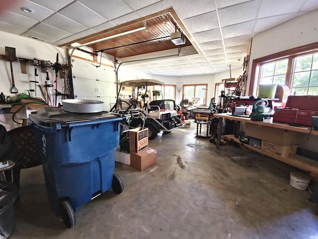 garage featuring a garage door opener and a workshop area