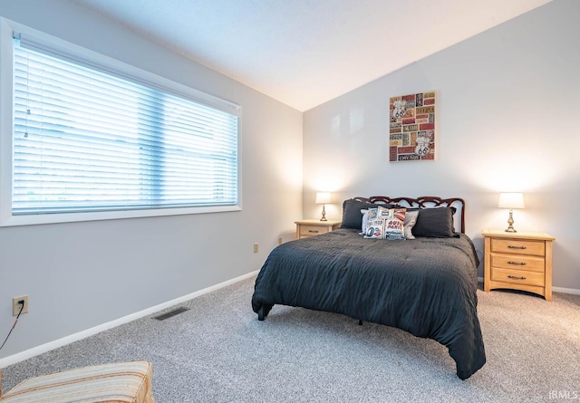 bedroom featuring carpet flooring and lofted ceiling