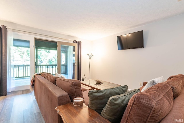 living room with wood-type flooring and a textured ceiling