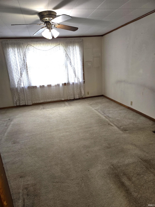 unfurnished room featuring crown molding, light colored carpet, and ceiling fan