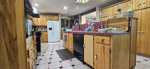 kitchen featuring white refrigerator with ice dispenser, dishwasher, backsplash, and light floors