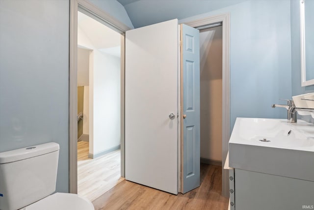 bathroom with vanity, hardwood / wood-style flooring, and toilet