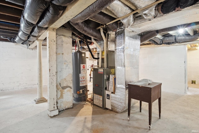 basement with water heater and heating unit