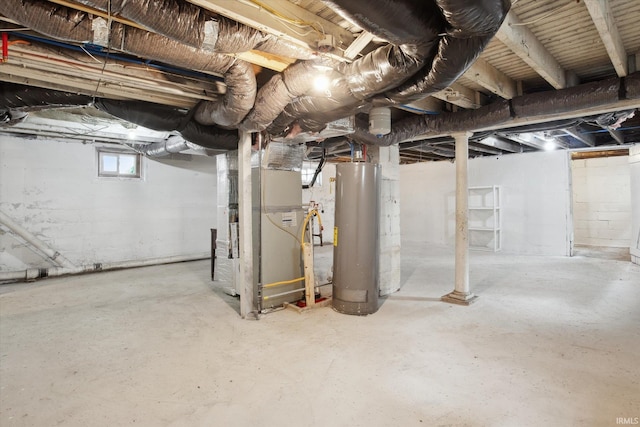 basement with heating unit and gas water heater