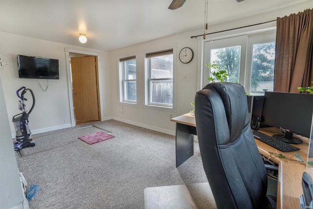 carpeted office with ceiling fan