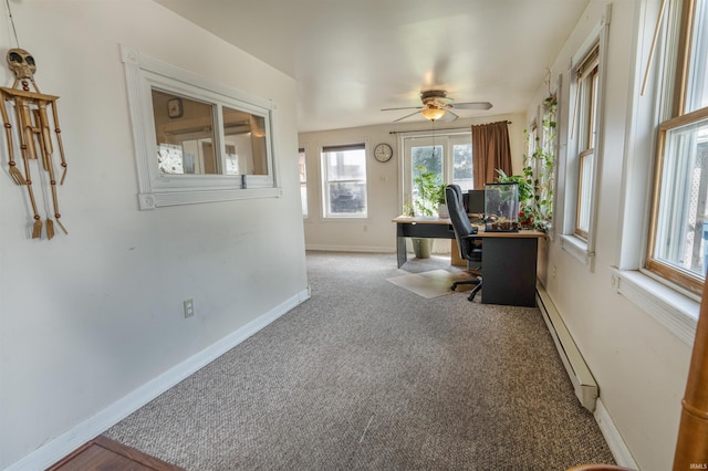 office with ceiling fan, a baseboard radiator, and carpet