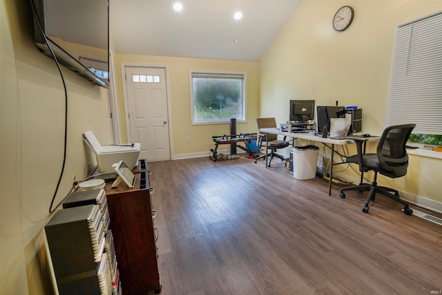 office featuring wood-type flooring and vaulted ceiling