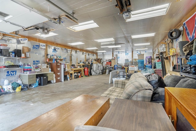 garage featuring a garage door opener and a workshop area