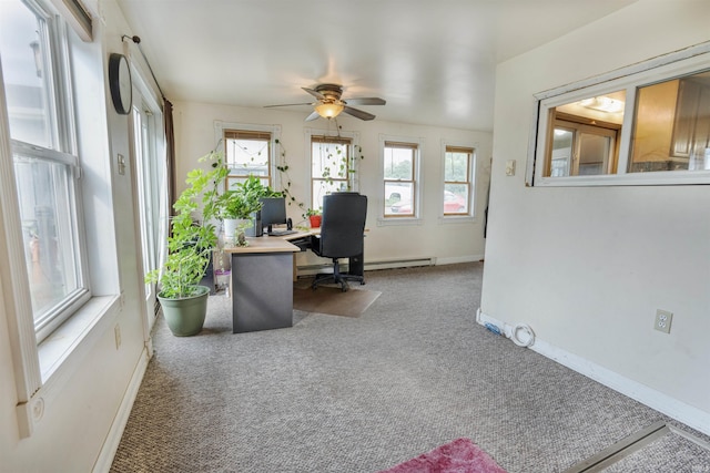 carpeted home office with ceiling fan, a healthy amount of sunlight, and a baseboard heating unit