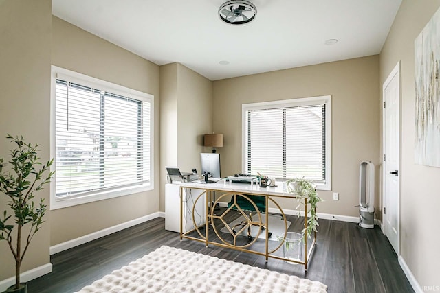 home office with a healthy amount of sunlight and dark wood-type flooring